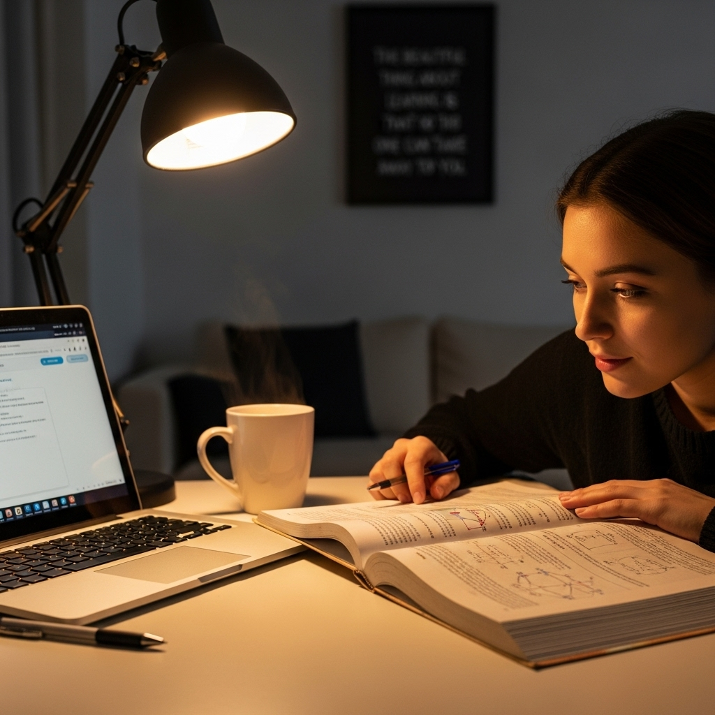 student studying late at night, tired but motivated, motivational quote blurred in background, warm and realistic vibe No pain, no gain, 노력 끝에 얻는 진짜 성장의 힘
