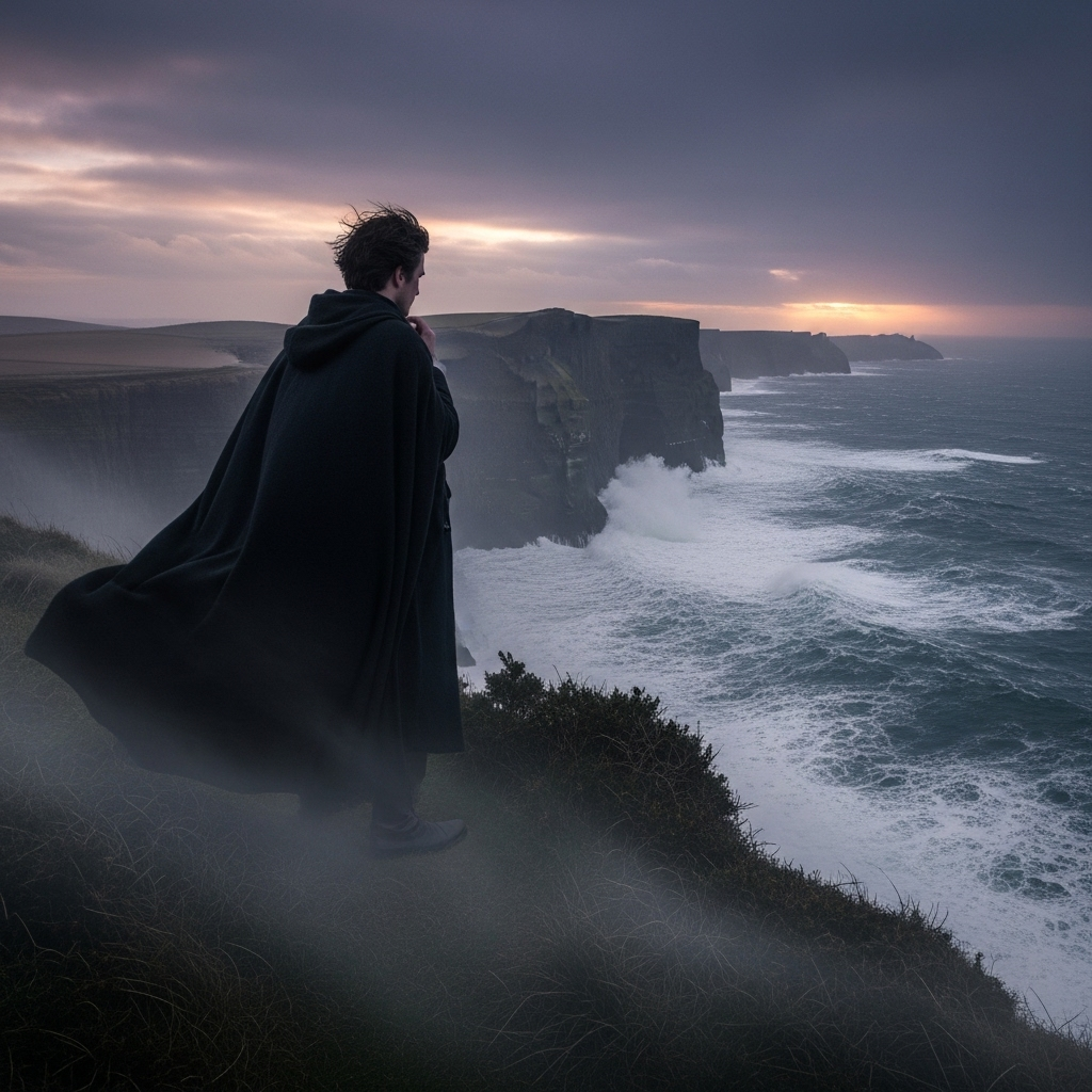 A dramatic and contemplative scene of a man, resembling Hamlet, standing on a misty cliff edge, looking out at a turbulent sea. The lighting is dark and moody, emphasizing deep thought and internal conflict. No text on the image. 햄릿의 고뇌, "To be, or not to be" 그 깊은 의미 5가지