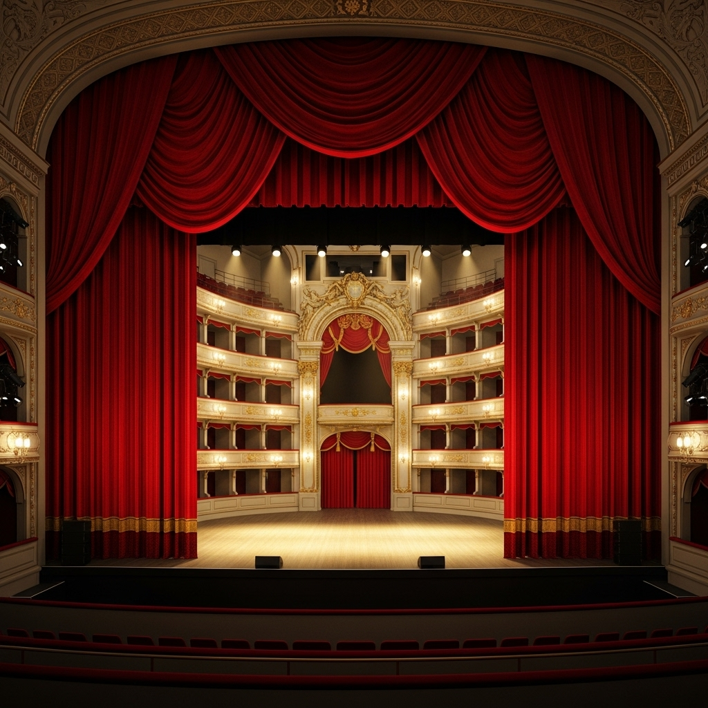 A theatrical stage with elegant red curtains, golden spotlights illuminating an empty stage, with ornate classical theater architecture in the background All the world's a stage 뜻과 유래 셰익스피어 명언으로 배우는 인생철학