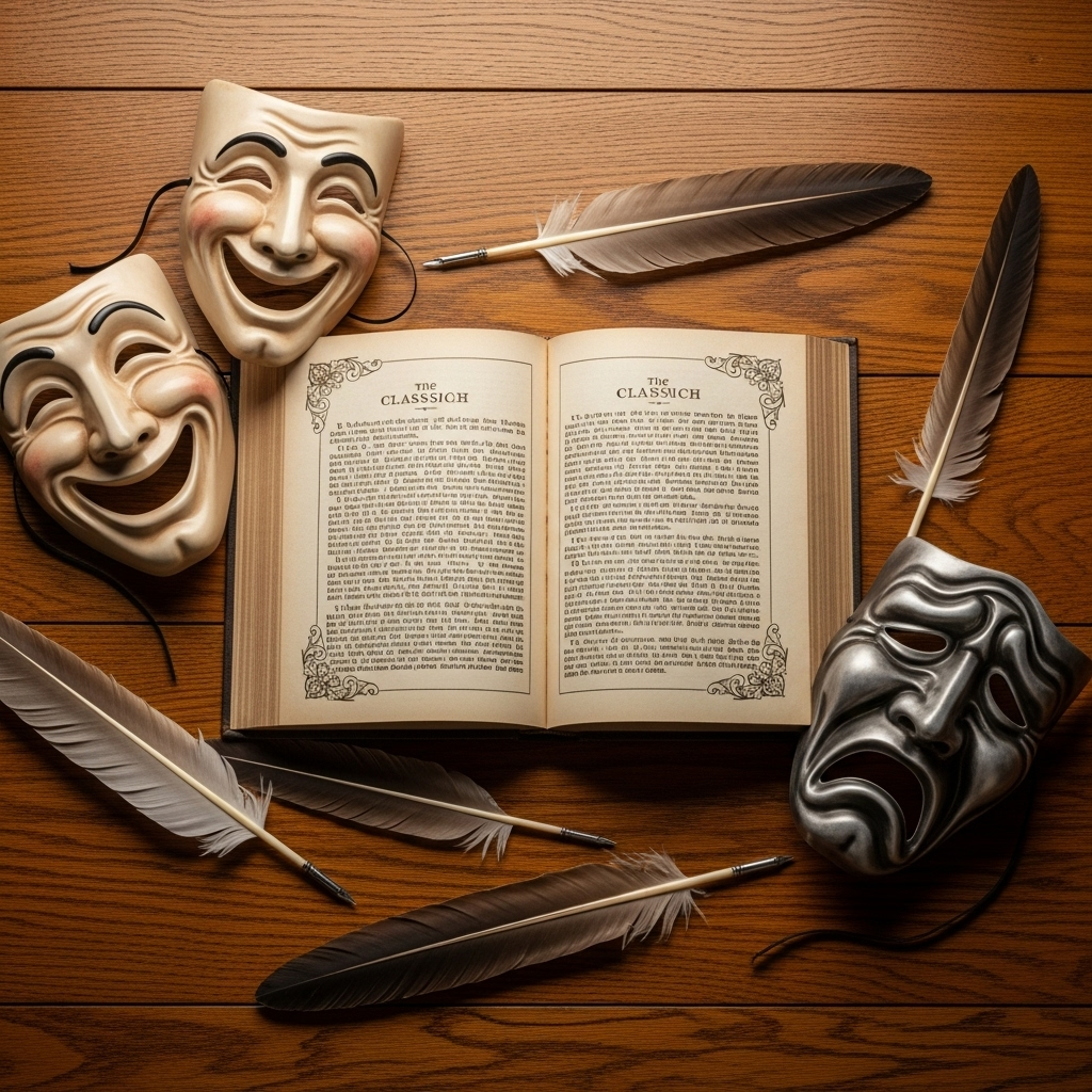 An open vintage book with ornate pages showing classical text, surrounded by theatrical masks and quill pens on a wooden desk