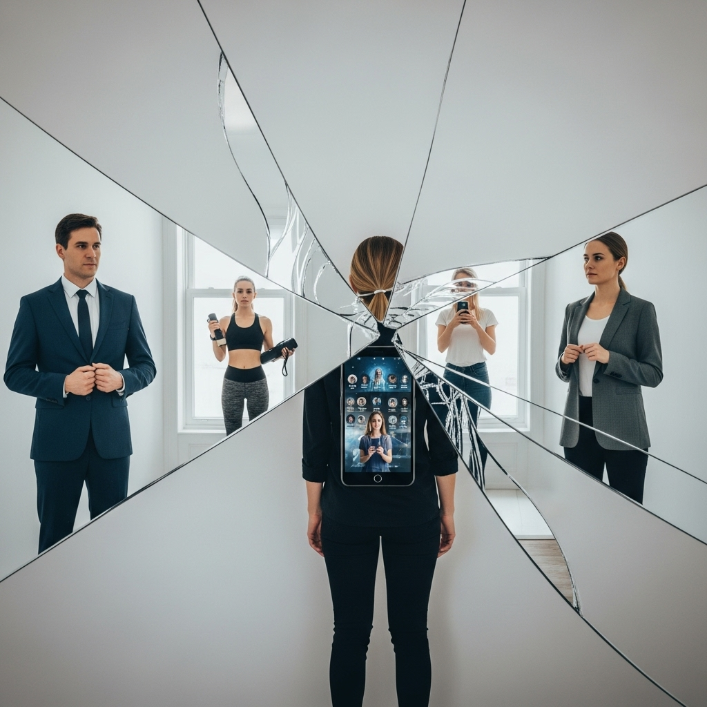 A modern person looking at multiple reflections of themselves in mirrors, representing different life roles and personas in contemporary society