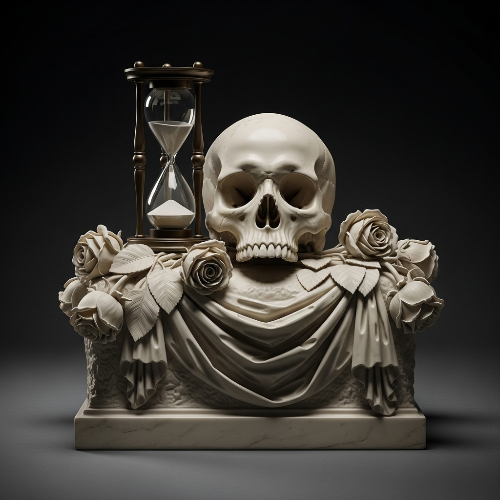 Ancient Roman marble sculpture showing a skull surrounded by wilted roses and an hourglass, symbolizing the passage of time and mortality, dramatic lighting, classical art style, contemplative atmosphere 메멘토 모리 뜻과 유래 죽음을 기억하라는 라틴어 명언의 깊은 의미
