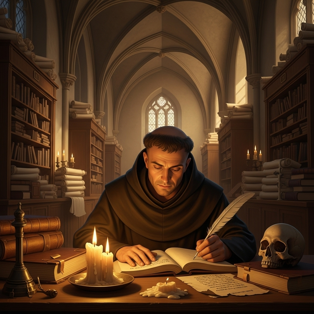 Medieval monk studying ancient manuscripts by candlelight in a monastery library, with a small skull on the desk as a reminder of mortality, warm golden lighting, peaceful scholarly atmosphere 메멘토 모리 뜻과 유래 죽음을 기억하라는 라틴어 명언의 깊은 의미
