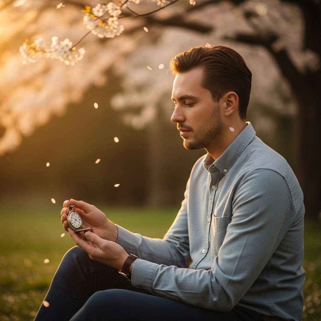 Modern person sitting peacefully in a garden at sunset, reflecting while holding a vintage pocket watch, cherry blossoms falling gently, serene and contemplative mood, soft golden hour lighting 메멘토 모리 뜻과 유래 죽음을 기억하라는 라틴어 명언의 깊은 의미
