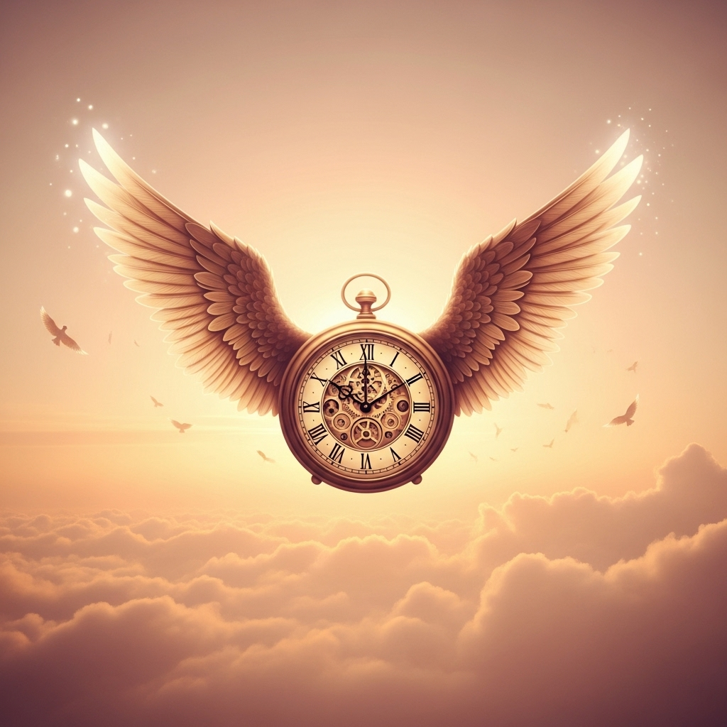 An antique clock with wings flying through a cloudy sky, symbolizing 'time flies', in warm dreamy colors. Tempus Fugit: 인생을 움직이는 시간의 지혜 5가지