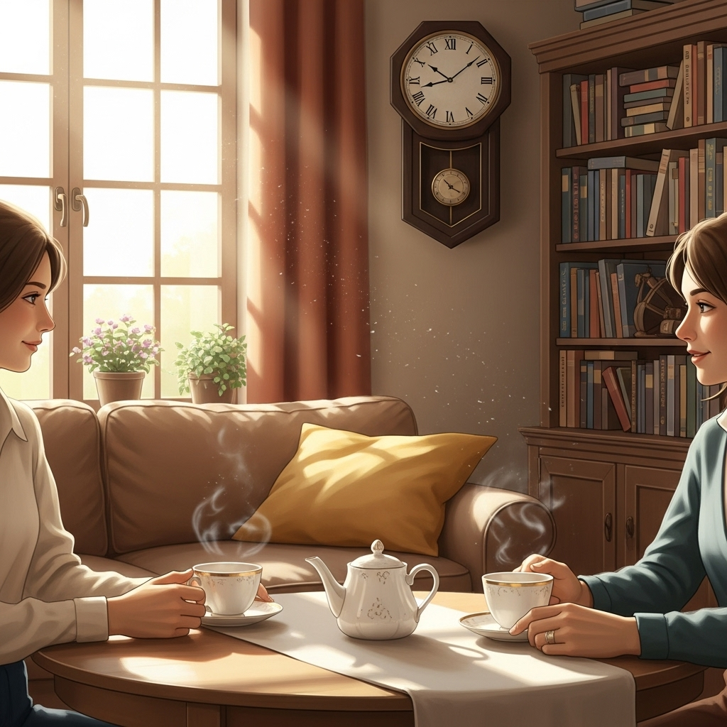 A warm and cozy living room with sunlight streaming through the window, a family or friends enjoying tea, vintage wall clock surrounded by colorful books, symbolizing precious moments. Tempus Fugit: 인생을 움직이는 시간의 지혜 5가지