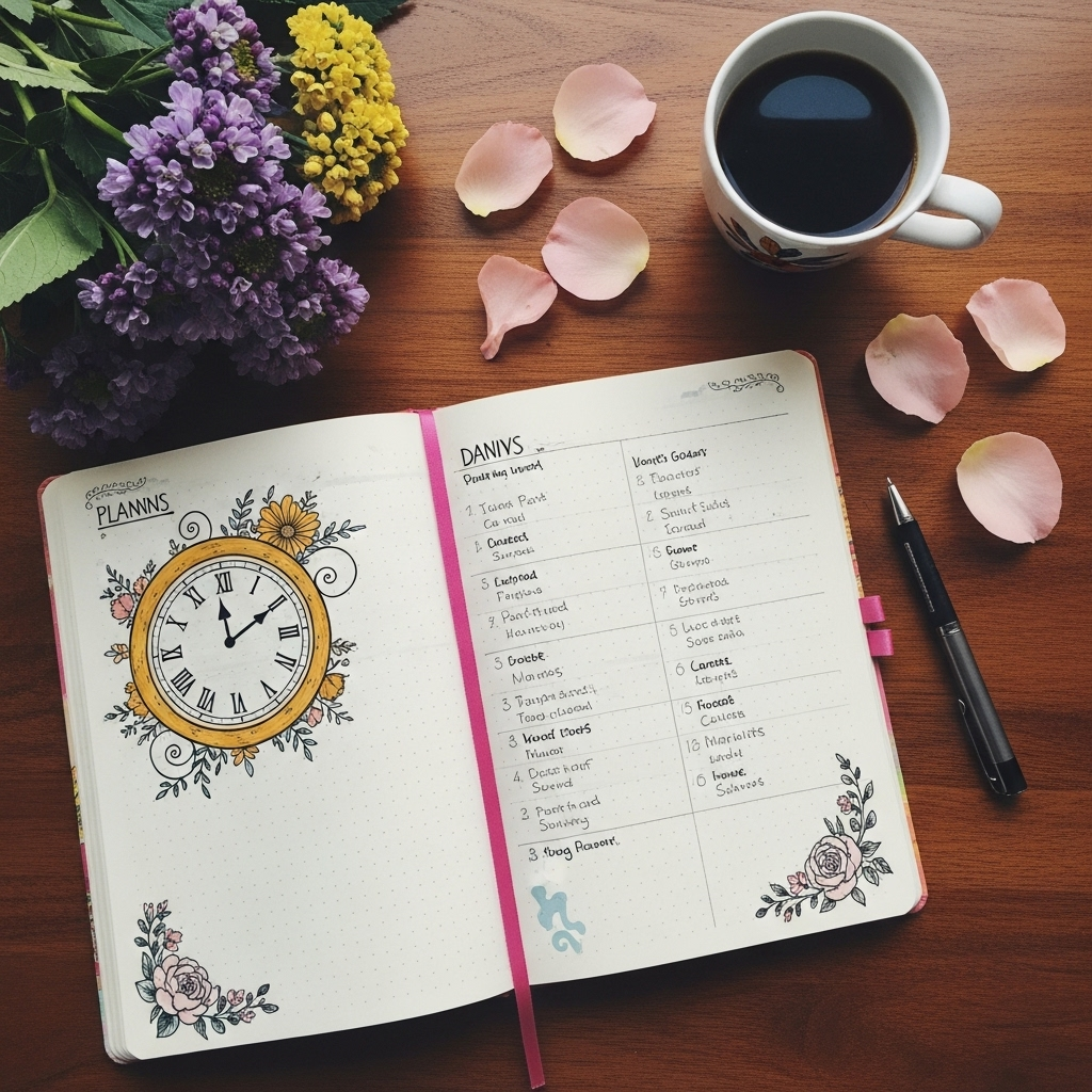 A bullet journal open on a desk, filled with daily goals, hand drawing a clock, pen, cup of coffee, and flowers, showcasing planning and mindfulness. Tempus Fugit: 인생을 움직이는 시간의 지혜 5가지