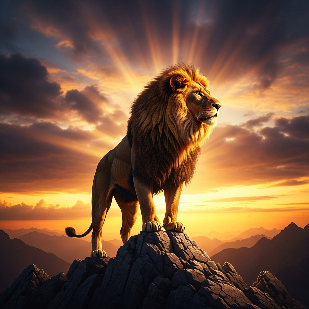 A majestic golden lion standing boldly on a mountain peak during sunrise, with its mane flowing in the wind, symbolizing courage and fortune, dramatic lighting, inspiring atmosphere Fortune favors the bold 뜻과 유래, 용감한 자에게 행운이 따르는 이유 5가지