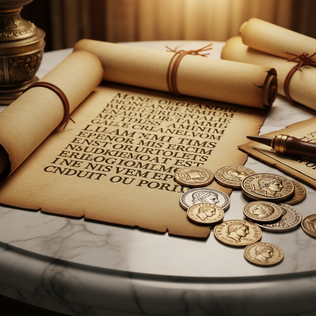 Ancient Roman scrolls and coins scattered on a marble table, with golden light illuminating Latin text, representing wisdom and fortune from antiquity