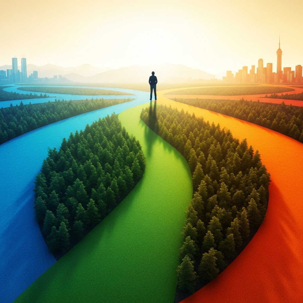 A person standing at a crossroads with multiple bright paths leading to different horizons, symbolizing choices and opportunities, warm golden lighting, hopeful atmosphere