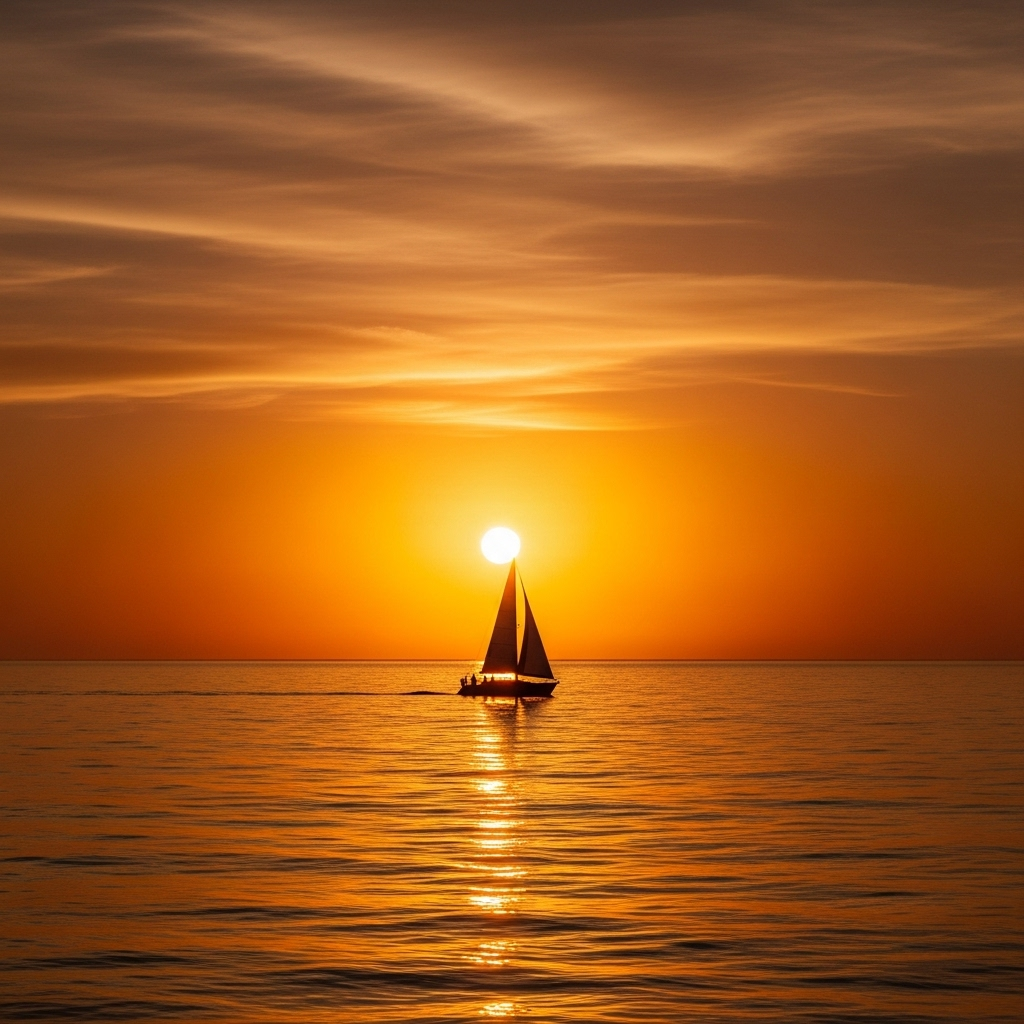 A sunrise over calm ocean waters with a small sailboat courageously sailing toward the horizon, representing journey and bold adventure, serene yet powerful atmosphere