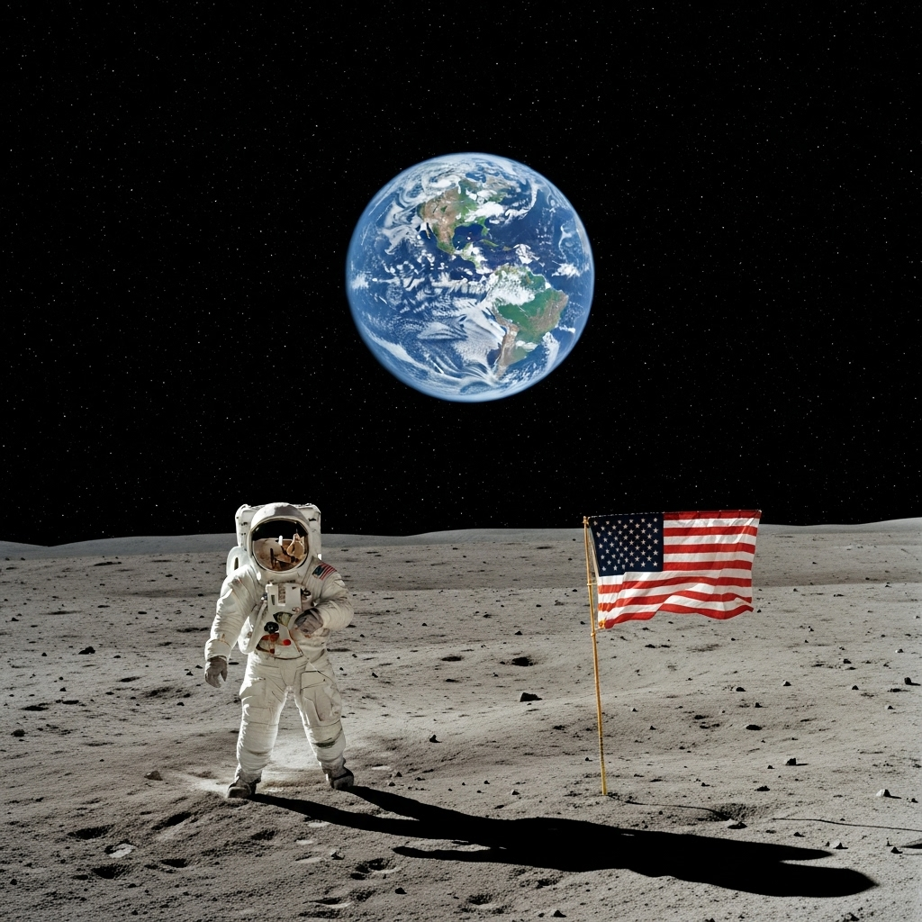 Astronaut in white spacesuit stepping onto lunar surface with Earth visible in the background, American flag planted nearby, dramatic lighting with stars in black space 인류 최초 달 착륙 명언의 숨겨진 의미와 역사적 가치