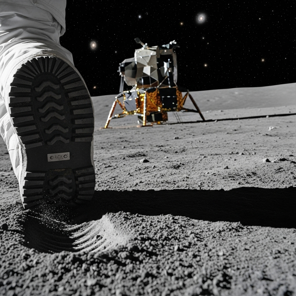 Close-up of astronaut boot making first footprint on lunar soil, with cosmic background and lunar module in distance