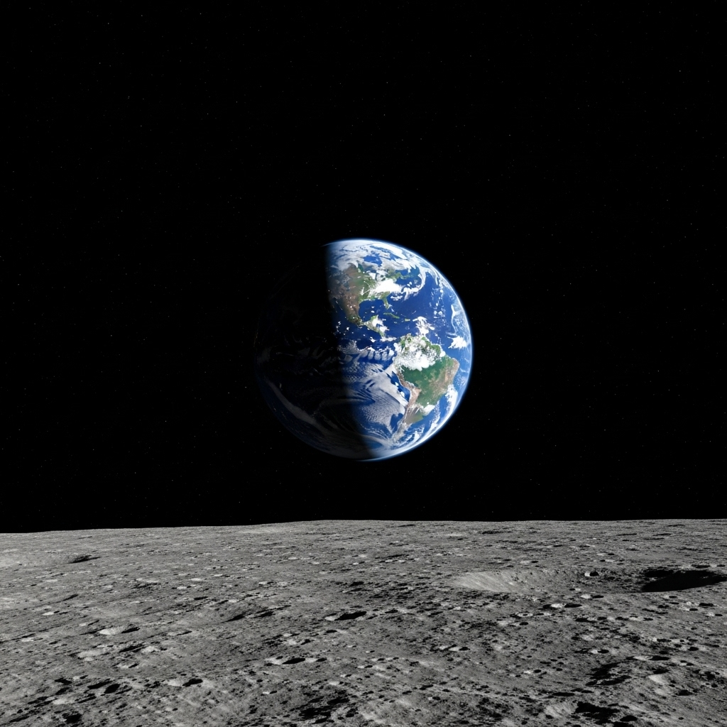 Earth rising over lunar horizon viewed from moon surface, showing the pale blue dot of our home planet against black space