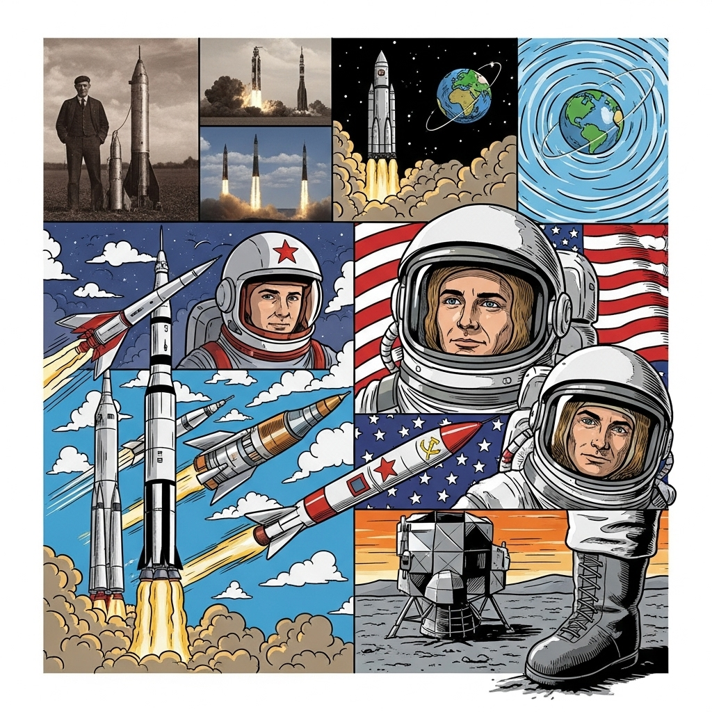 Montage showing historical space exploration milestones, rockets launching, astronauts in space, and future Mars missions in artistic style