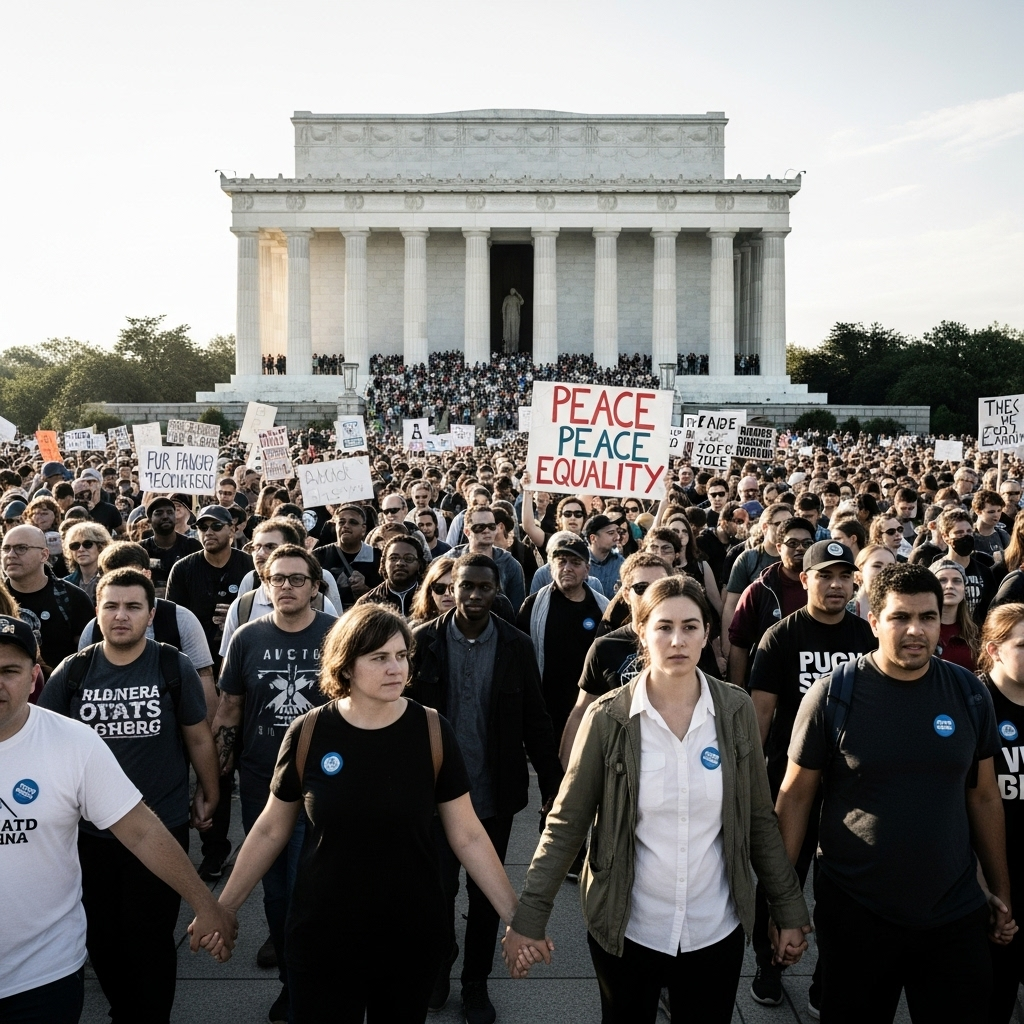 Peaceful civil rights march, diverse crowd holding hands, Lincoln Memorial in background, hope and unity, documentary photography style, emotional scene I Have a Dream, 인류 역사상 가장 위대한 연설의 숨겨진 의미와 교훈