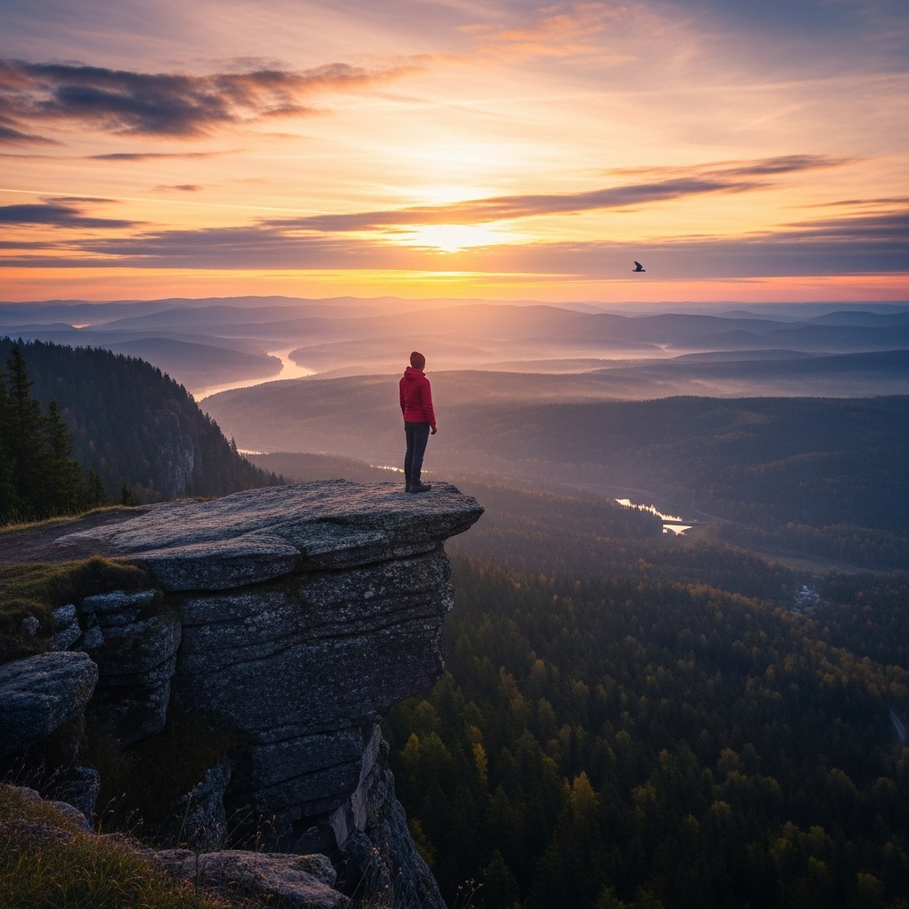 A person stands bravely on a high cliff, looking out at a vast, beautiful but challenging landscape. The person's silhouette is strong, facing the horizon. The sky is a mix of dawn colors, symbolizing new beginnings. The feeling is one of courage and overcoming. No text. 두려워해야 할 것은 두려움 그 자체! 5가지 용기 있는 극복법