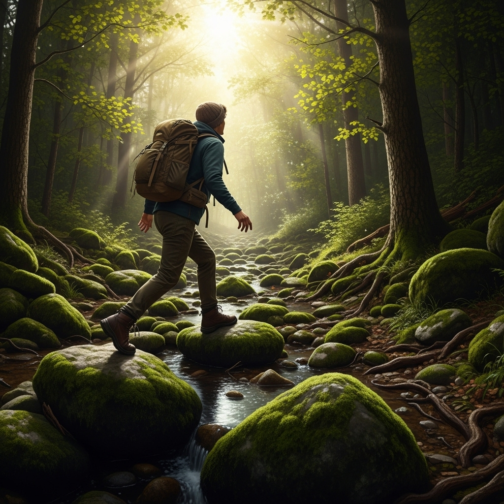 A person taking a confident first step onto a challenging path, with a bright light ahead. The path is rocky but navigable. The person's posture is determined, suggesting courage in action. The background shows a dimly lit forest transitioning to a sunlit clearing. No text. 두려워해야 할 것은 두려움 그 자체! 5가지 용기 있는 극복법