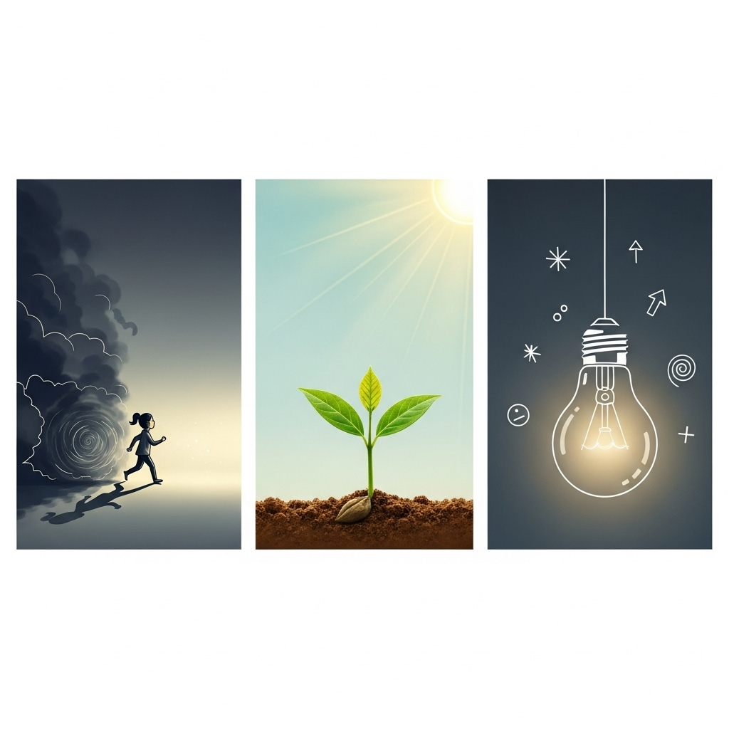 A collage of three distinct, minimalist illustrations, each representing one of the suggested quotes. The first shows a small figure taking a step forward despite a shadowy, abstract shape behind them (courage). The second shows a single small seedling pushing through the earth towards the sun (beginning). The third shows a light bulb glowing brightly with positive thought symbols around it (mindset). No text. 두려워해야 할 것은 두려움 그 자체! 5가지 용기 있는 극복법