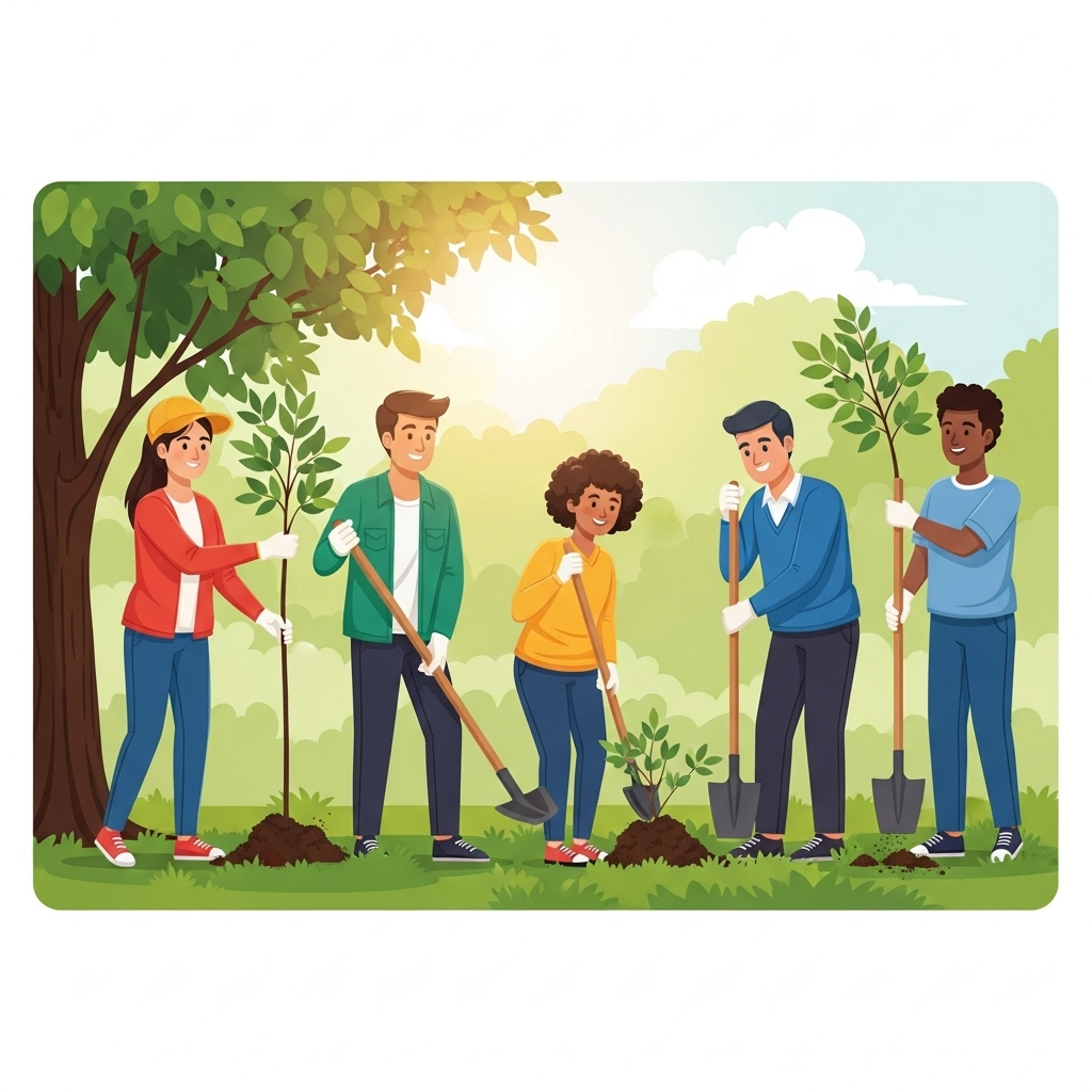 close-up of hands planting a small tree, sunlight, teamwork, community spirit, natural background, no text in the image Ask not what your country can do for you – 진정한 의미와 변화의 시작