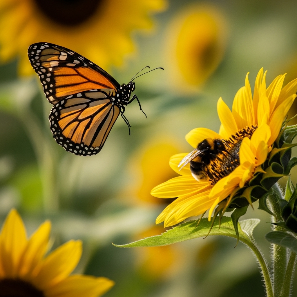 Beautiful butterfly floating gracefully over flowers with a determined bee in background, nature scene with soft sunlight, metaphorical representation of grace and power