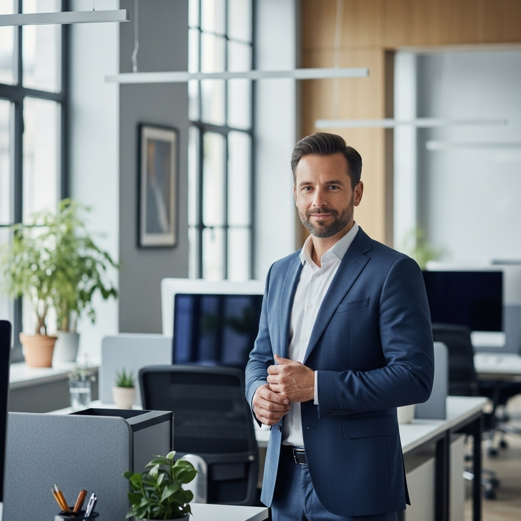 Modern office setting with a confident professional person, balanced composition showing both gentle and determined aspects, clean corporate environment