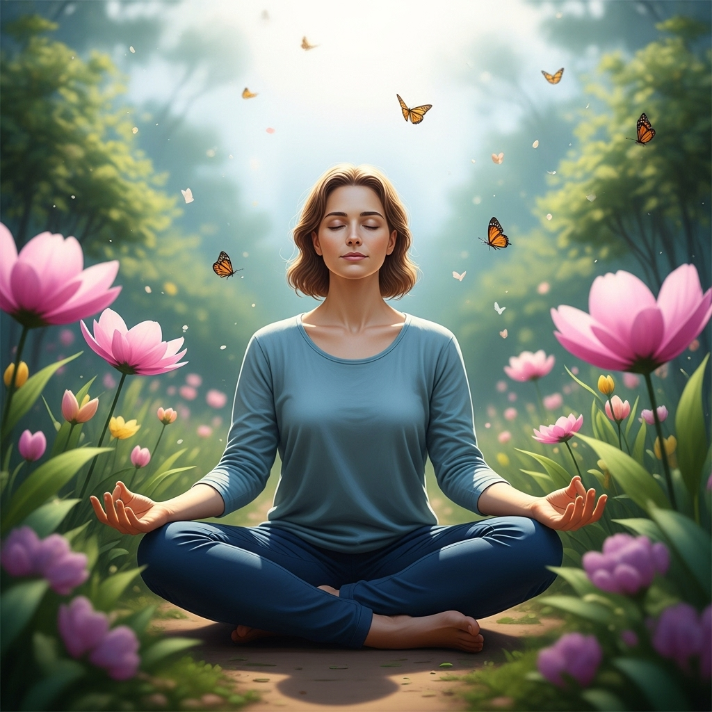 Person practicing meditation in peaceful garden setting, representing inner balance and harmony, soft natural lighting with flowers and butterflies around