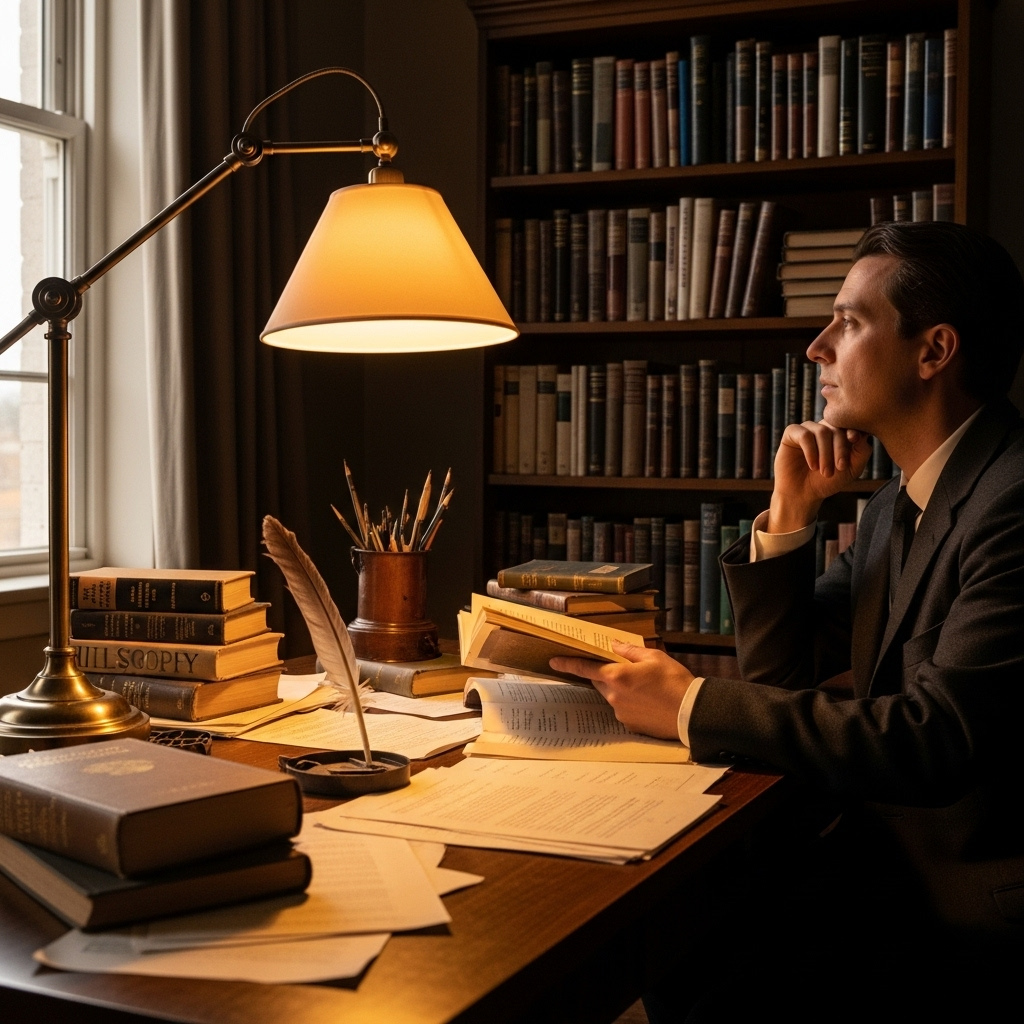 an old study room with warm light, a vintage desk covered in papers, a feather quill, a thoughtful man gazing out the window, books about philosophy scattered I think, therefore I am: 철학 명언의 모든 것