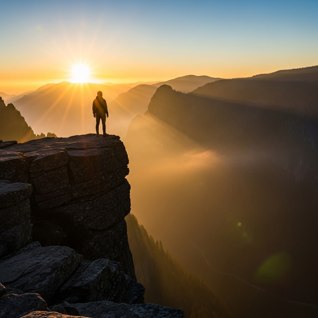 A person standing at the edge of a cliff looking towards a bright sunrise over mountains, symbolizing overcoming doubts and facing tomorrow with hope, cinematic lighting, inspirational atmosphere