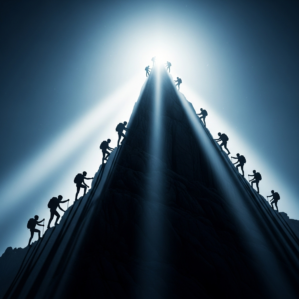 Silhouettes of successful people climbing towards a bright light at the top of a mountain, representing overcoming doubts and achieving dreams, dramatic lighting, motivational scene