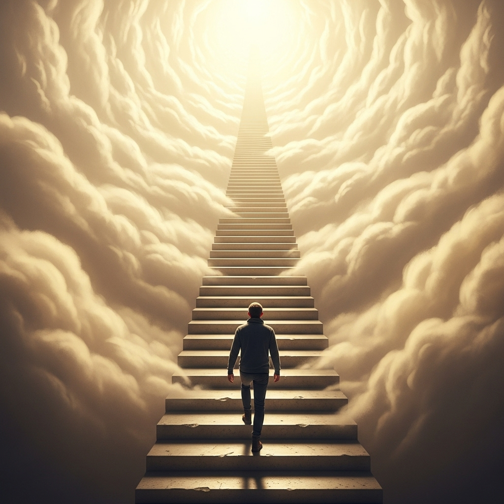 A person taking the first step on a long staircase leading to clouds, representing taking action despite doubts, soft golden lighting, hopeful atmosphere