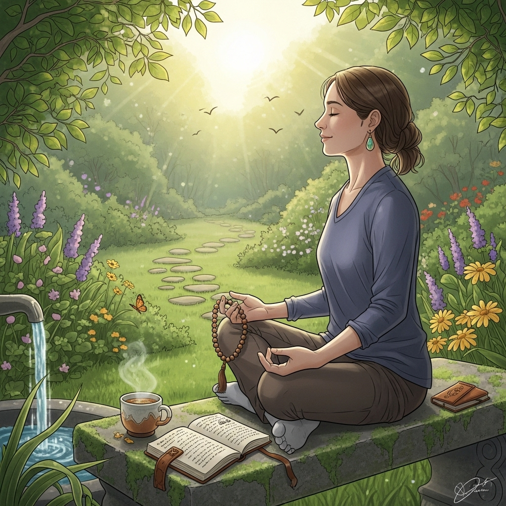 A peaceful morning scene of a person practicing mindful habits in a garden, symbolizing individual transformation and the start of positive change, soft sunlight, realistic drawing style 멋진 하루의 시작은 ‘You must be the change you wish to see in the world.’ 세상을 바꾸는 변화는 나부터입니다