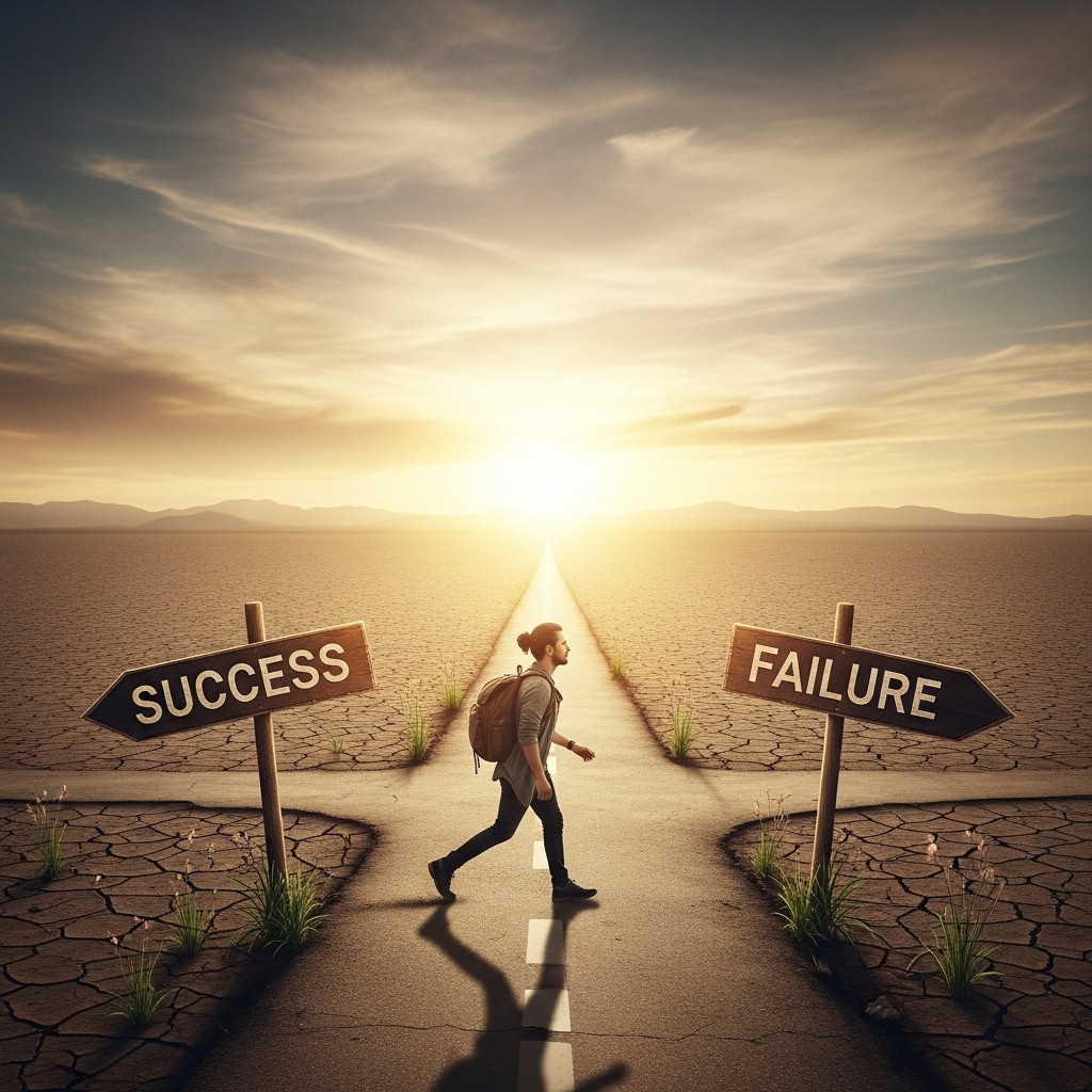 A person stands at a crossroads, one path labeled 'Success' and the other 'Failure', but the person is looking forward with determination, implying continuous movement beyond either path. The scene is inspiring and thought-provoking. No text.
