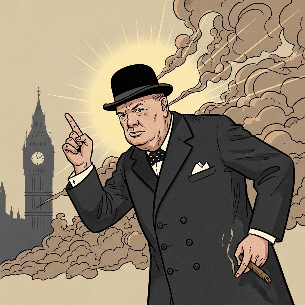 A vintage-style illustration of Winston Churchill looking determined, perhaps during a wartime speech, with a subtle background representing resilience and leadership. No text.