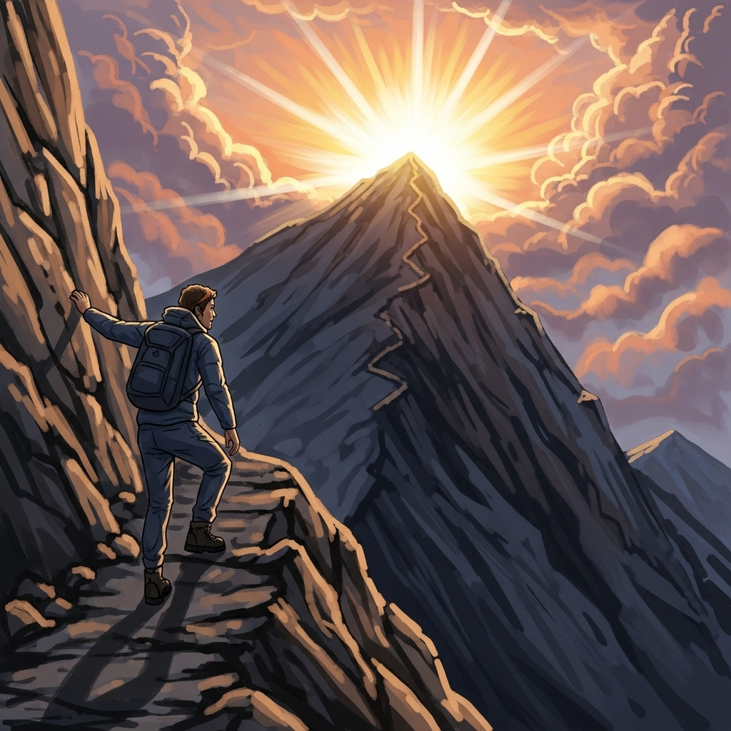 A person is shown climbing a steep mountain path, looking determined but not exhausted. The sun is rising, casting a warm glow, symbolizing hope and new beginnings despite the challenging journey. Style: dynamic illustration. No text.