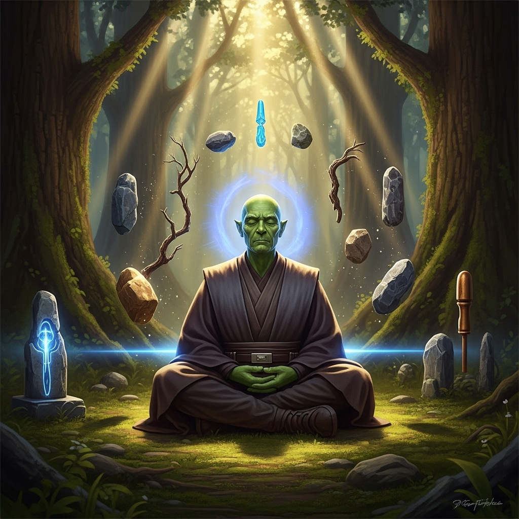 An ancient Jedi master with green skin sitting in a peaceful forest setting, meditating with eyes closed, surrounded by floating objects and glowing light effects, mystical atmosphere, wise and serene expression