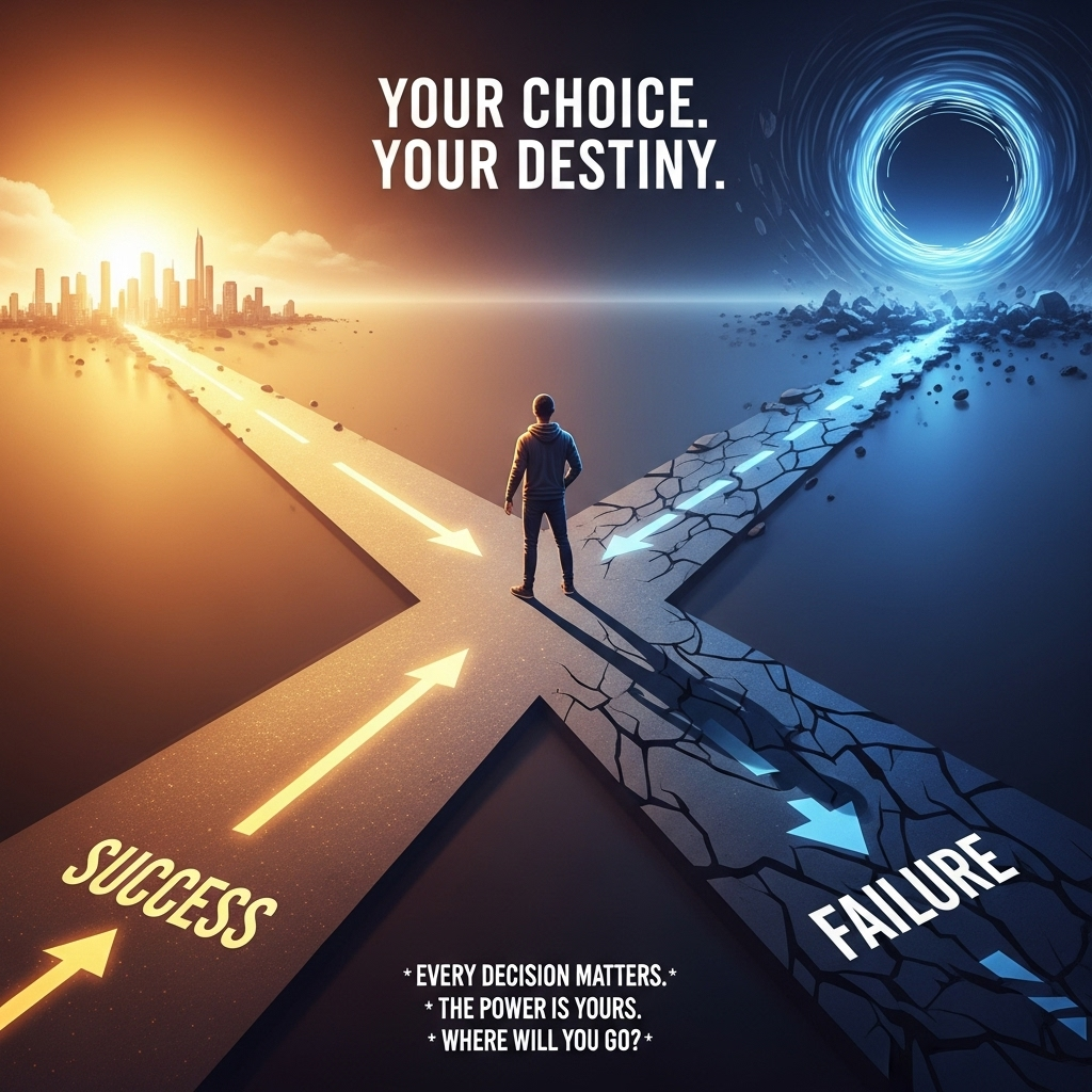 A person standing at a crossroads with two clear paths, one leading to success and another to failure, dramatic lighting with binary choice visualization, motivational poster style, clean and powerful composition