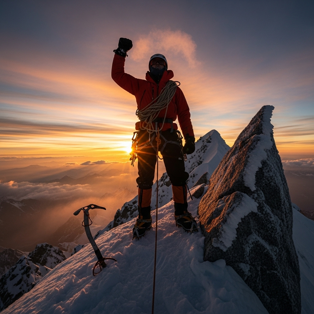 A mountain climber reaching the summit with determination, sunrise background, inspirational scene showing commitment and achievement, photorealistic style with dramatic lighting