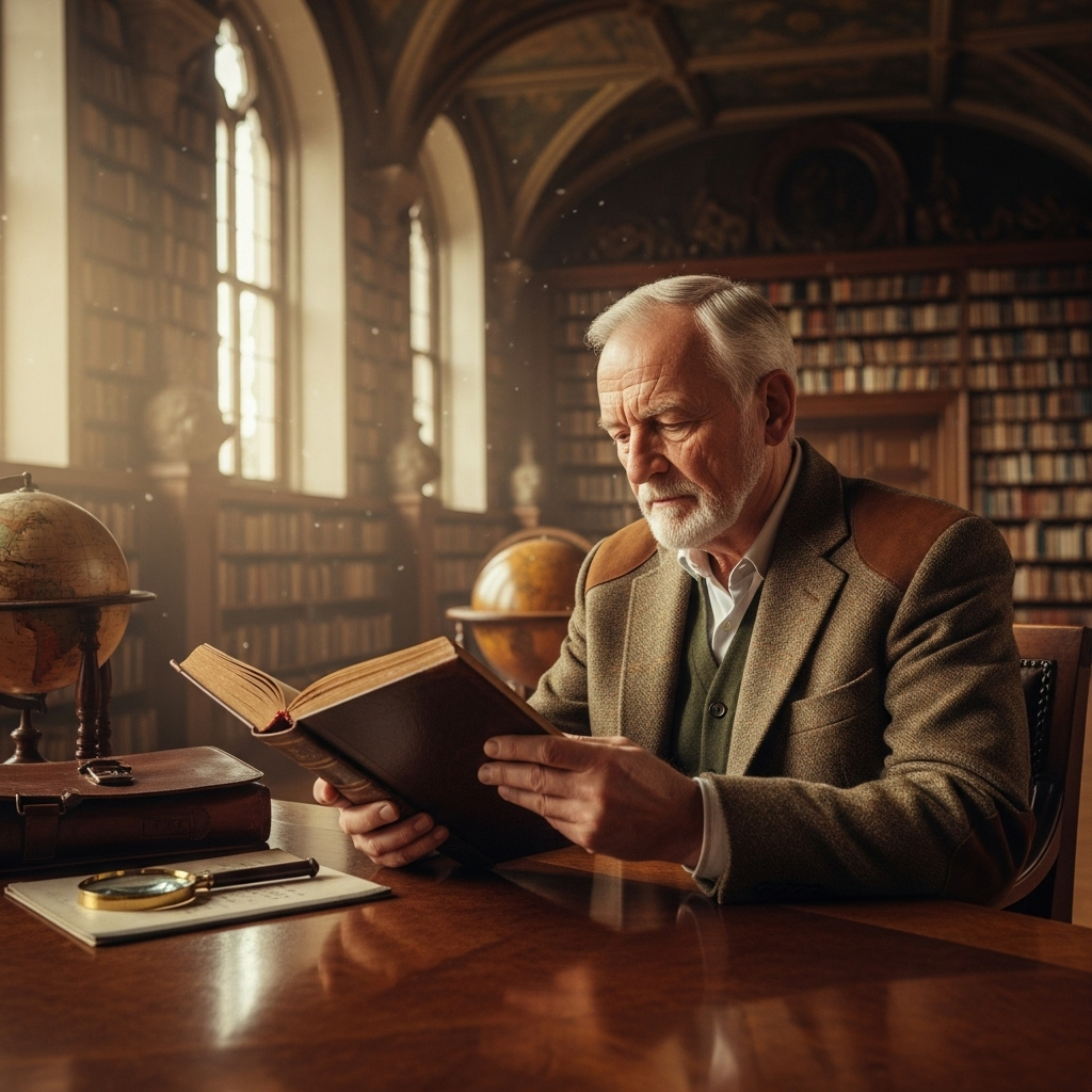 A wise elderly man in thoughtful pose, holding an ancient book, sitting in a library with golden sunlight streaming through tall windows, symbolizing wisdom and responsibility With great power comes great responsibility 뜻과 교훈 3가지 핵심 메시지