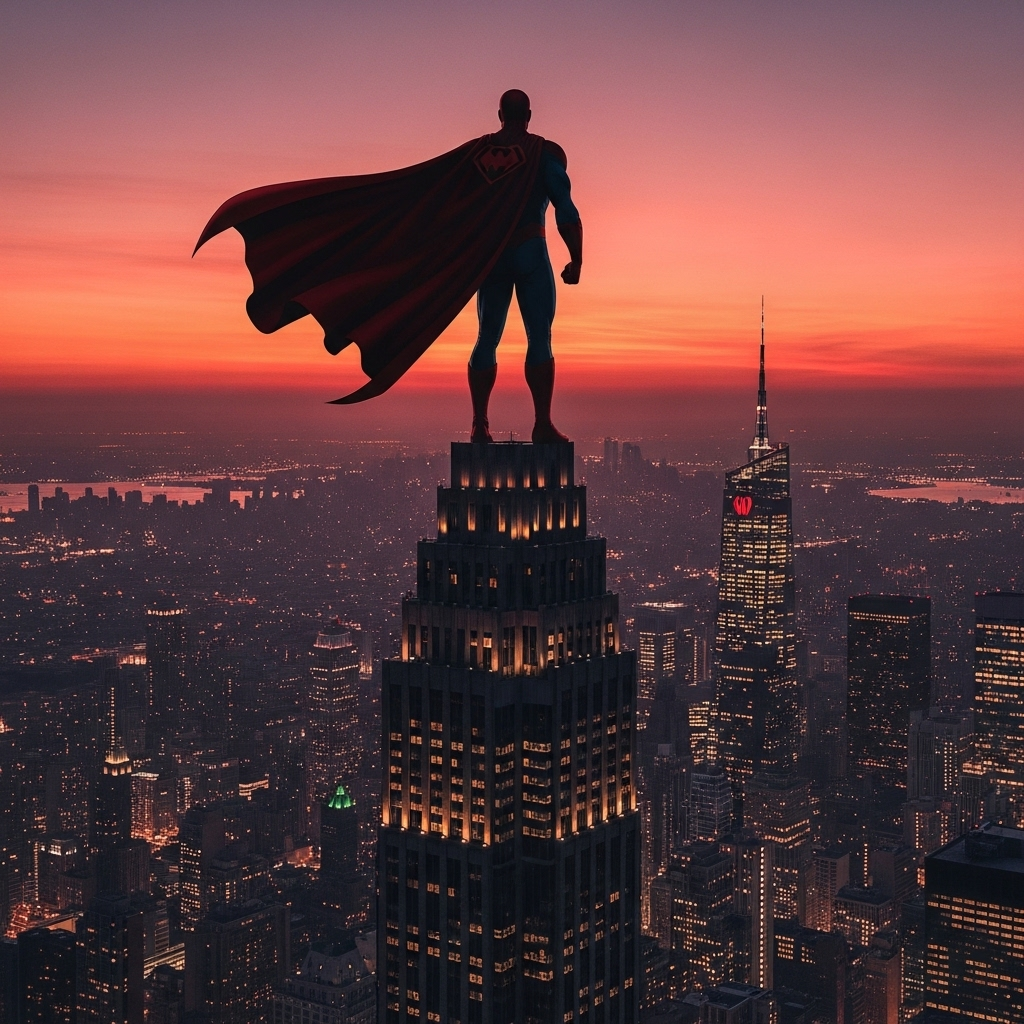 A superhero silhouette standing on top of a tall building overlooking a city at sunset, cape flowing in the wind, representing power and responsibility With great power comes great responsibility 뜻과 교훈 3가지 핵심 메시지