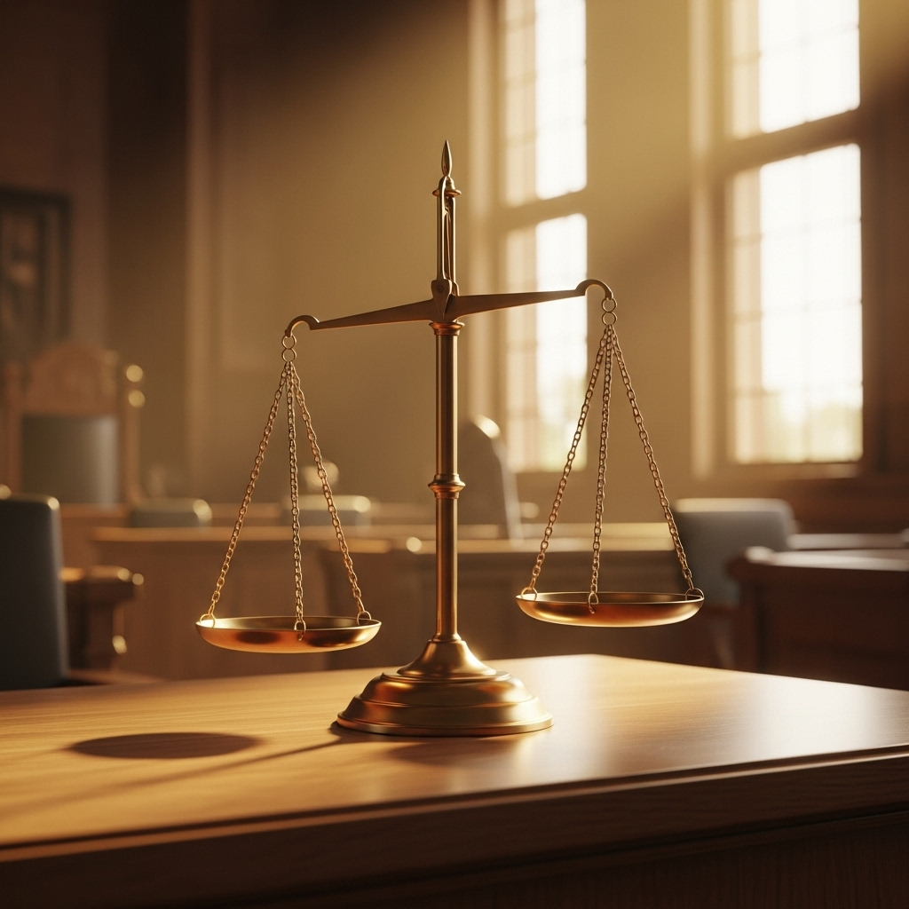 A balanced scale of justice on a wooden desk in a courtroom, with golden light streaming through tall windows, symbolizing balance between power and responsibility With great power comes great responsibility 뜻과 교훈 3가지 핵심 메시지