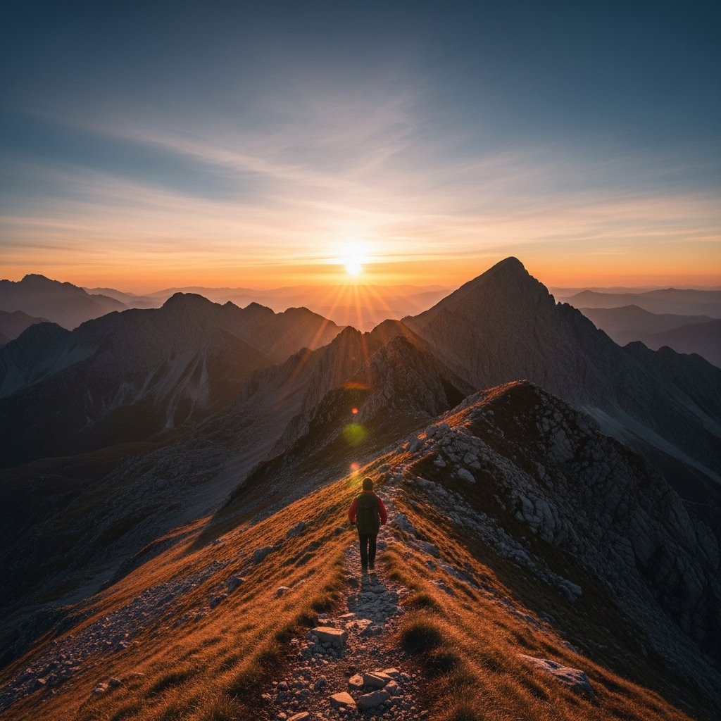 a powerful, hopeful sunrise over a rugged mountain, a lone person climbing upward, symbolizing resilience and determination, photography, realistic, warm lighting, no text The greatest glory in living: 넘어진 후에 다시 일어서는 것의 가치
