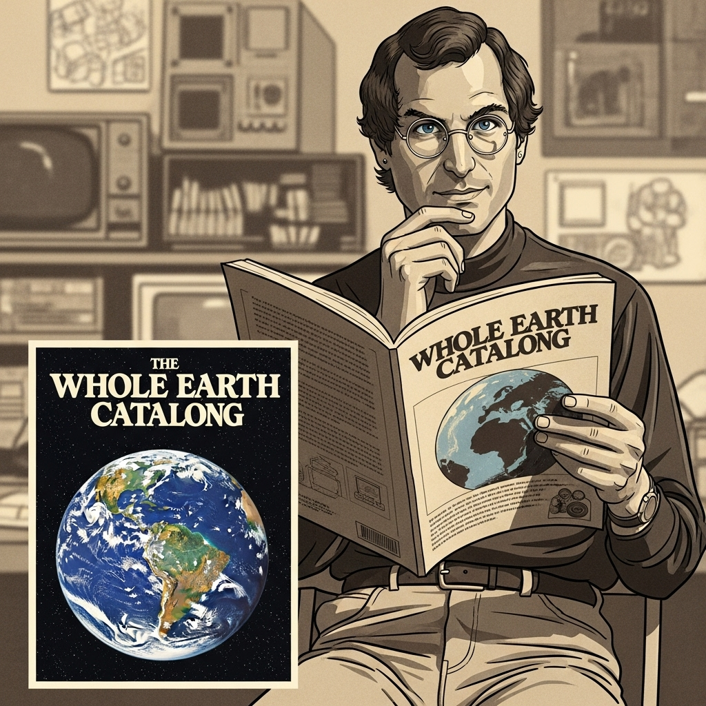 An archival-style illustration depicting the cover of the 'Whole Earth Catalog' with a young, thoughtful Steve Jobs in the background, subtly influenced by the catalog's content. The atmosphere is nostalgic yet inspiring, showing the transfer of wisdom across generations. No text.