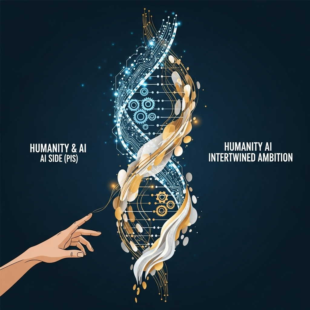 A futuristic, clean infographic showing intertwined concepts of human creativity and artificial intelligence. Gears and circuit board patterns represent technology, while a human hand reaching for a star symbolizes ambition and the 'stay hungry, stay foolish' motto in a modern context. No text.
