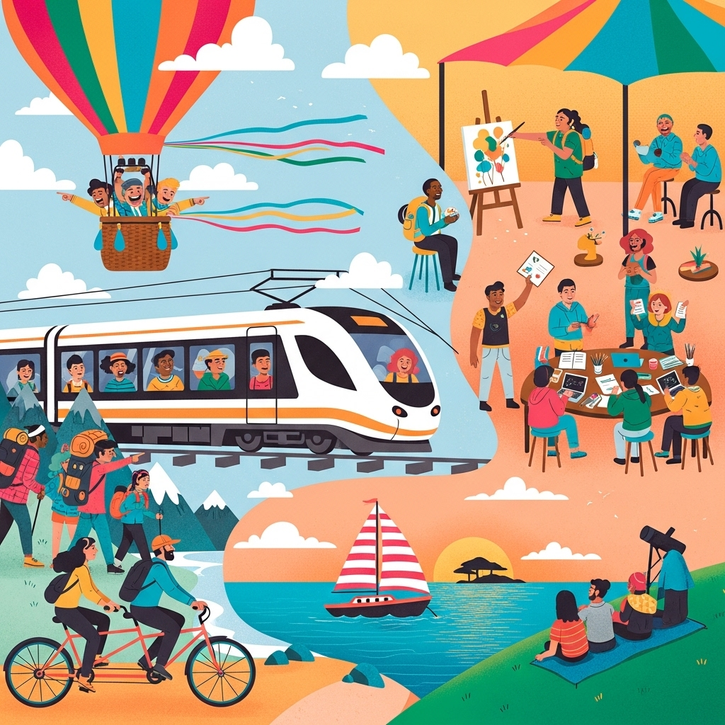 A vibrant, energetic illustration of diverse people engaging in various joyful activities like traveling, learning, and enjoying nature. The central theme is living life to the fullest with a bright, optimistic atmosphere. No text.