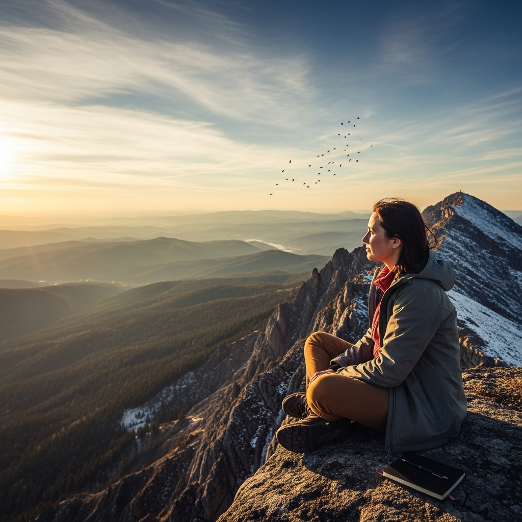 A thoughtful individual sitting on a mountain peak, looking out at a vast, inspiring landscape. The scene conveys a sense of contemplation, personal growth, and making life decisions, with a warm, natural lighting.