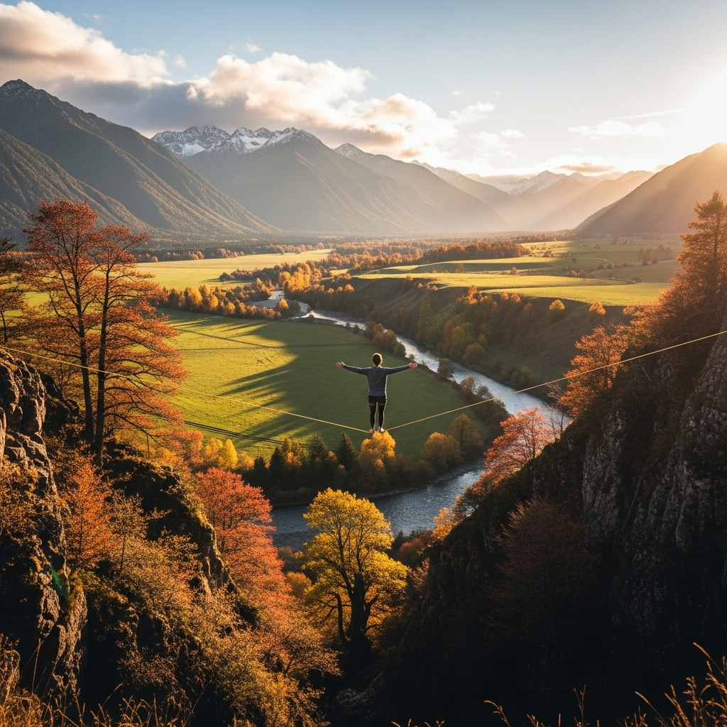 A person balancing on a tightrope over a beautiful, serene landscape, symbolizing the need for balance between living life to the fullest and being responsible. The atmosphere is calm yet dynamic.