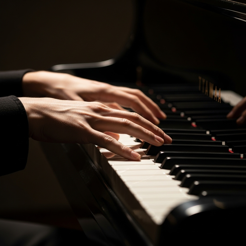 A gentle close-up of a pianist's hands hovering above piano keys, with soft light and a sense of stillness, capturing the brief moment before the next note is played.