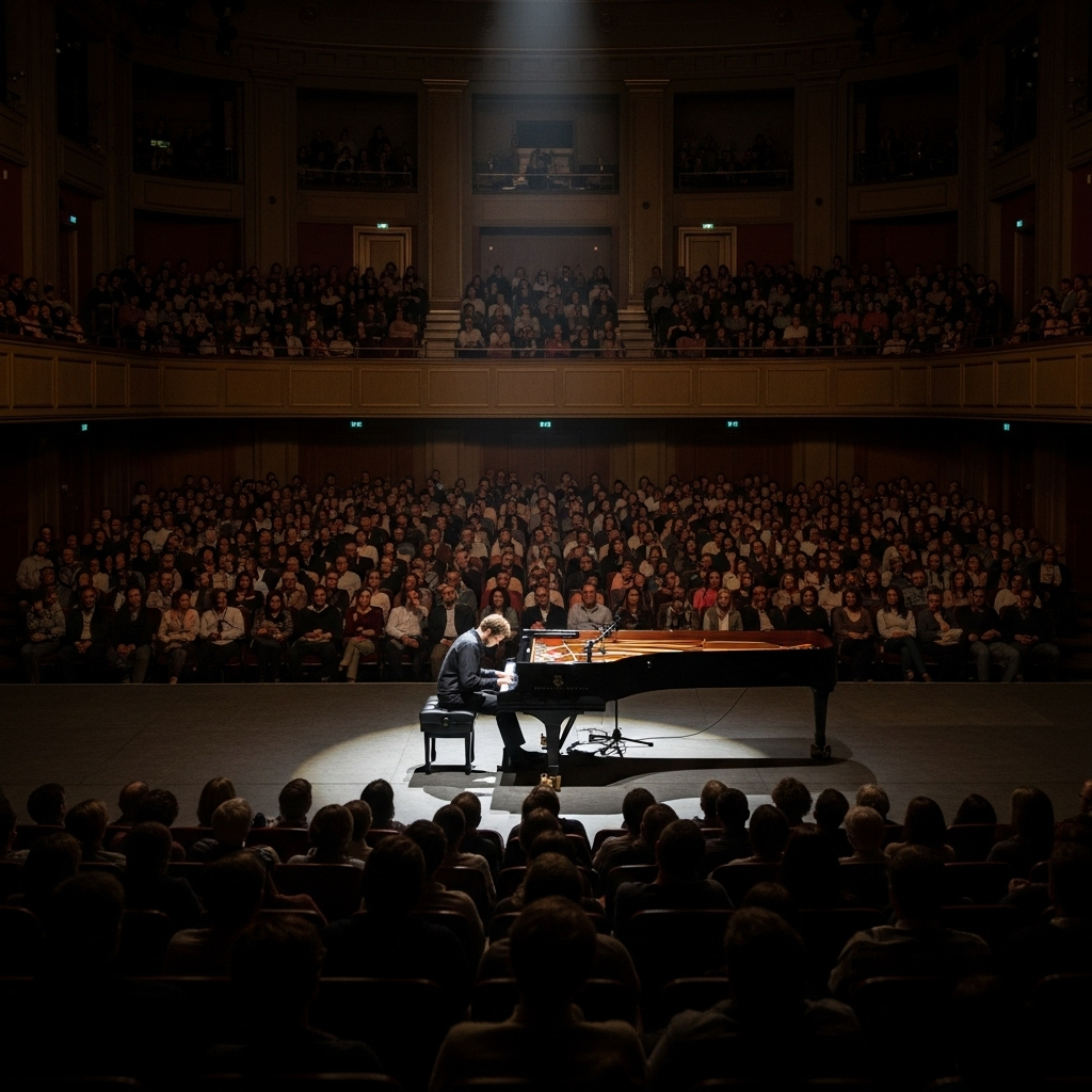 A spacious, dimly lit concert hall with a pianist finishing a piece, the last note fading into silence and the audience watching in emotional anticipation.