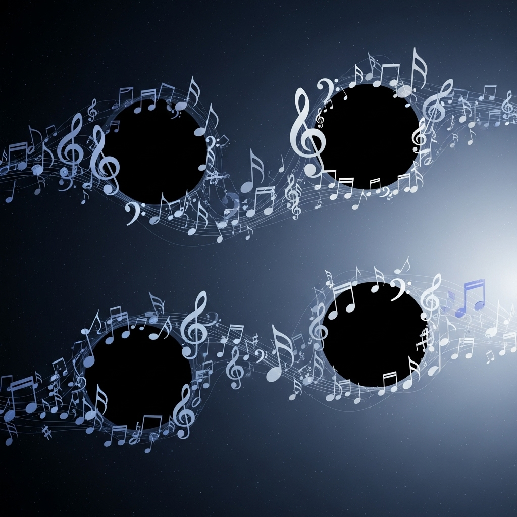 An abstract illustration showing musical notes floating gently in open space, with subtle gaps suggesting silence and tranquility.